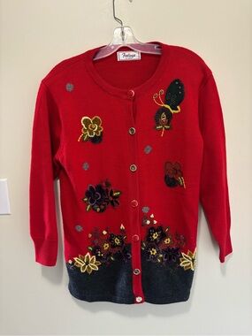 Vintage Feelings Red Floral Butterfly Embroidered Cardigan Sweater